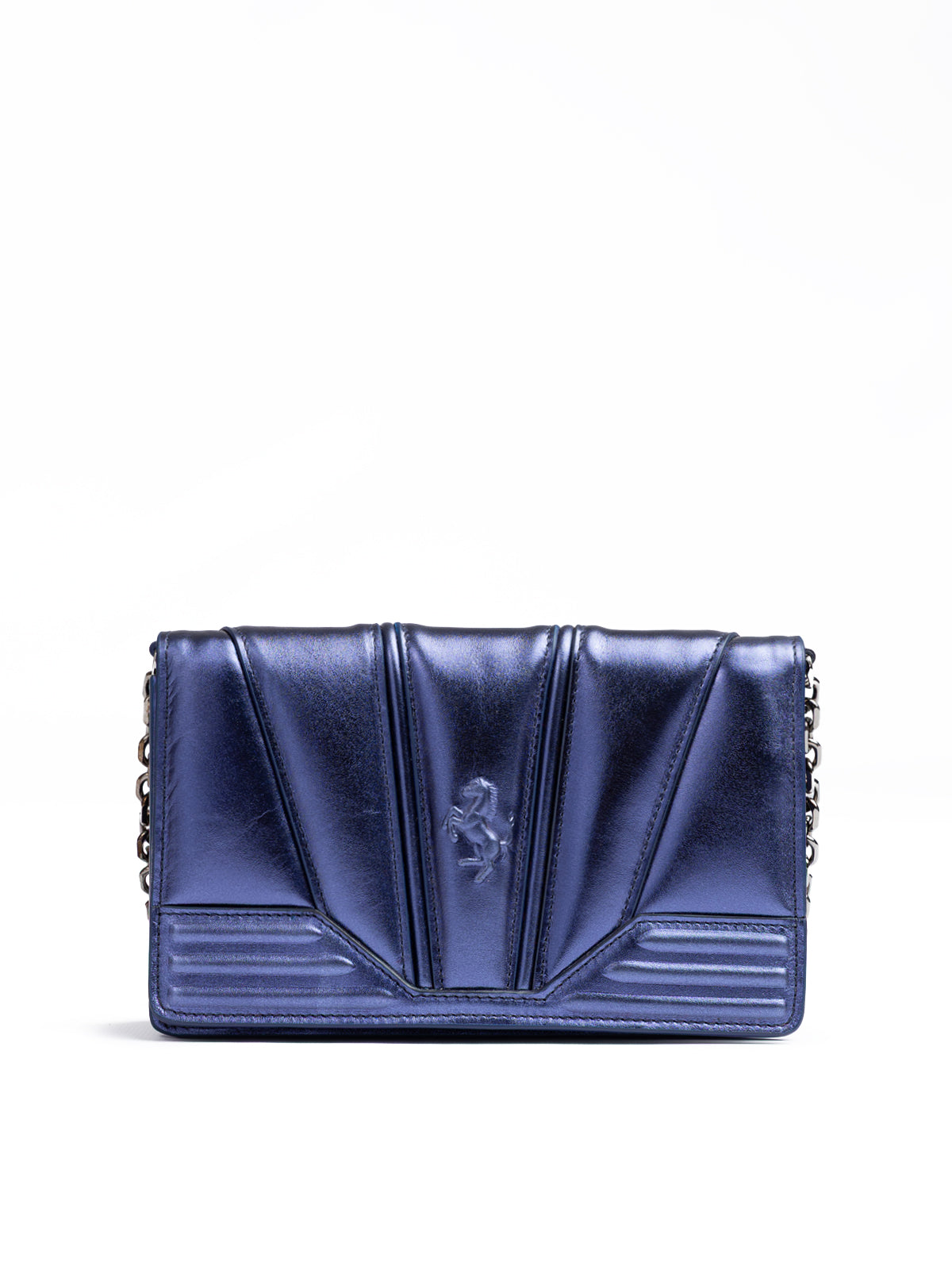 Ferrari Blue GT Patent Leather Metal Bag with Chain